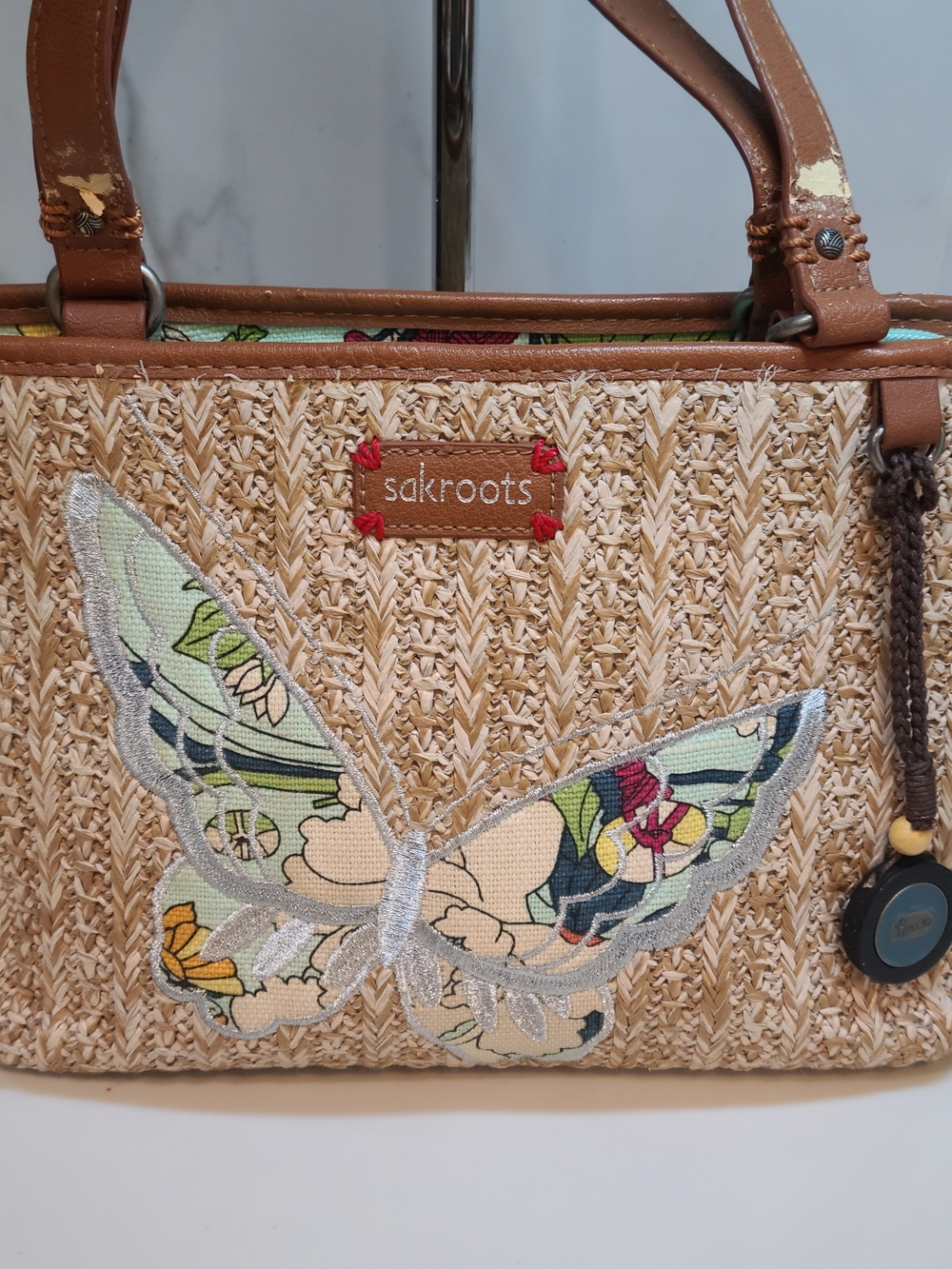 Sakroots Tan Woven Tote with Floral Butterfly Accent - Picture 3 of 13